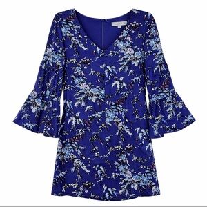 ANN TAYLOR LOFT PETITE SZ 2P  Bell Sleeve V-Neck Purple Flower Dress EUC